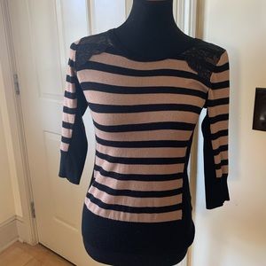 BCX Lace sweater blouse with Black and Tan stripes